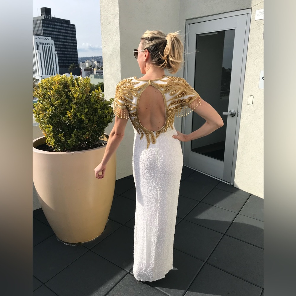 Full beaded gold and white gown dress. Can easily be hemmed.